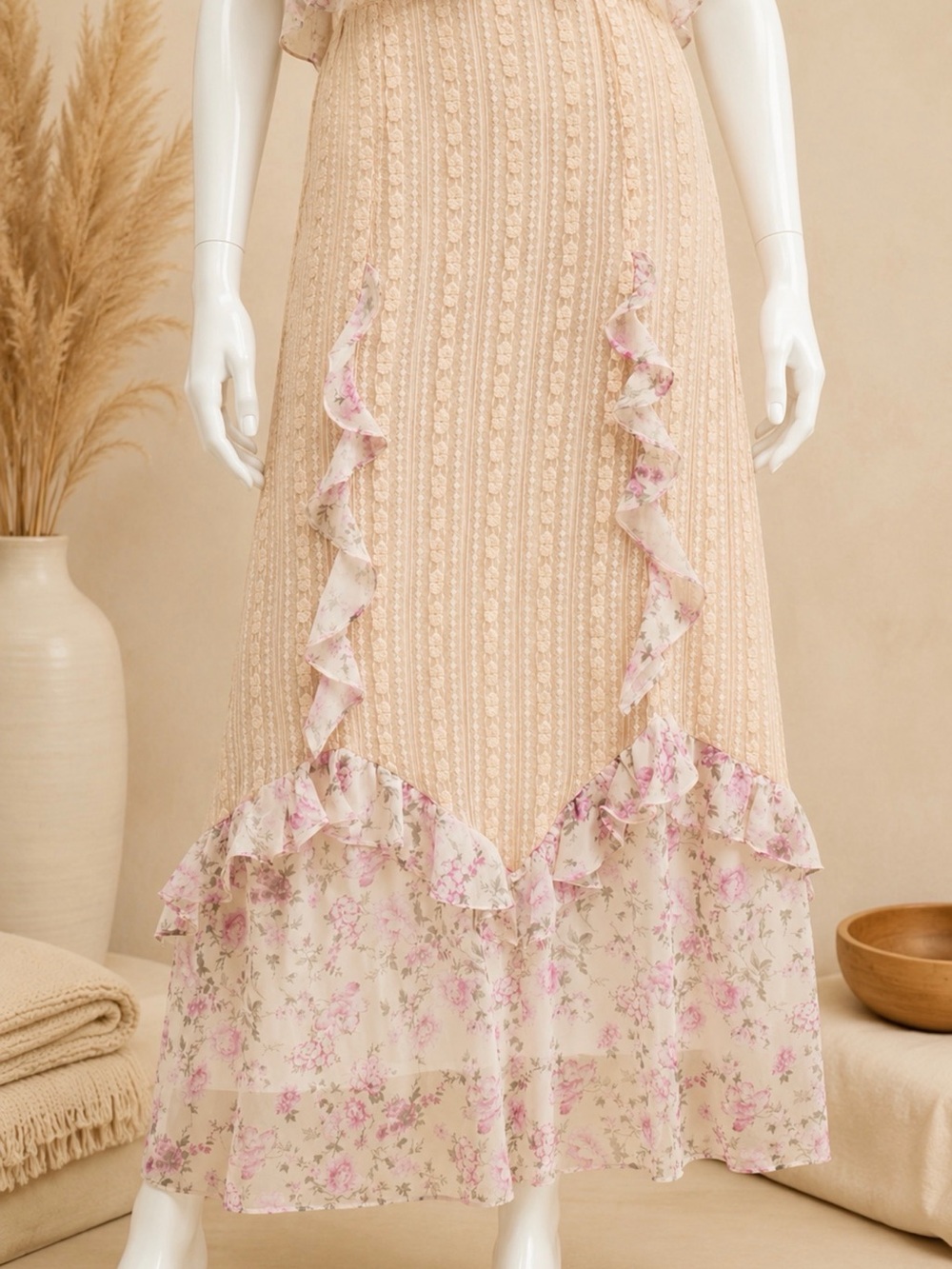 Bluivy NWOT Blush Floral Ruffle Maxi Skirt